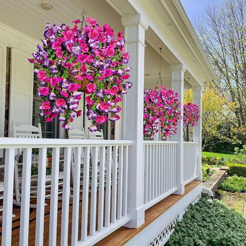 Artificial Hanging Flowers for Outdoors Decor, Fake Silk Hibiscus Long Trailing Vines UV Resistant Realistic Flowers Plants for Outside Front Door Porch Patio Balcony (Fuchsia + Purple, 2 pcs) in Saudi Arabia