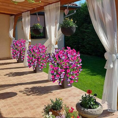 Artificial Hanging Flowers for Outdoors Decor, Fake Silk Hibiscus Long Trailing Vines UV Resistant Realistic Flowers Plants for Outside Front Door Porch Patio Balcony (Fuchsia + Purple, 2 pcs) in Saudi Arabia