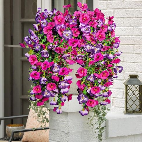 Artificial Hanging Flowers for Outdoors Decor, Fake Silk Hibiscus Long Trailing Vines UV Resistant Realistic Flowers Plants for Outside Front Door Porch Patio Balcony (Fuchsia + Purple, 2 pcs) in Saudi Arabia