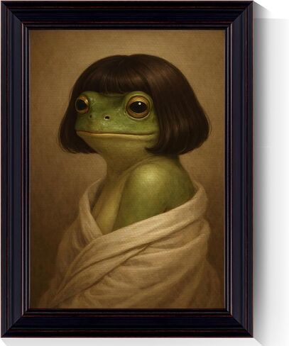 Funny Frog Portrait Framed Canvas Wall Art, Quirky Animal Picture Green Bathroom Poster, Whimsical Lady Frog Painting for Restroom Washroom, Humor Bathroom Wall Decor 8x10in in Kuwait
