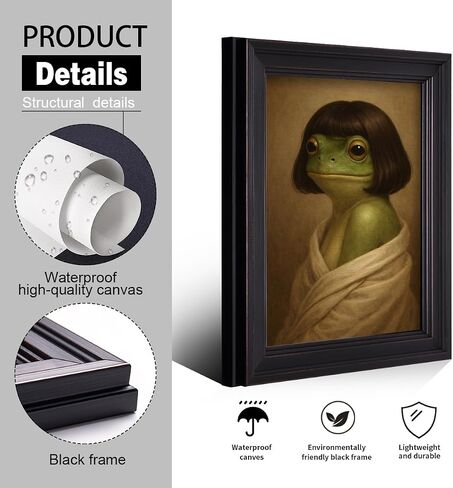 Funny Frog Portrait Framed Canvas Wall Art, Quirky Animal Picture Green Bathroom Poster, Whimsical Lady Frog Painting for Restroom Washroom, Humor Bathroom Wall Decor 8x10in in Kuwait