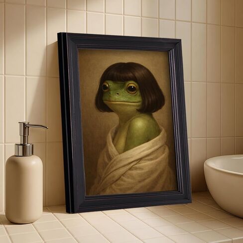 Funny Frog Portrait Framed Canvas Wall Art, Quirky Animal Picture Green Bathroom Poster, Whimsical Lady Frog Painting for Restroom Washroom, Humor Bathroom Wall Decor 8x10in in Kuwait