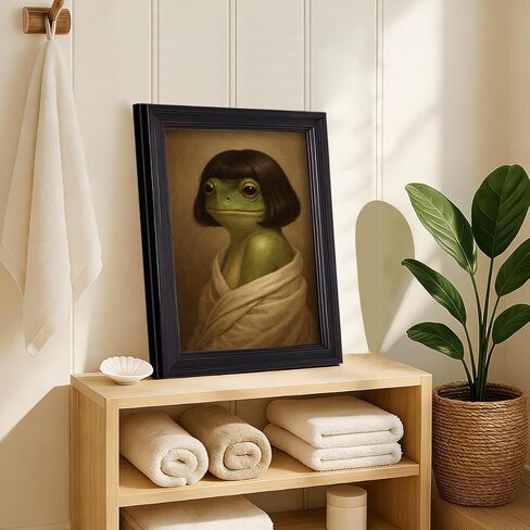 Funny Frog Portrait Framed Canvas Wall Art, Quirky Animal Picture Green Bathroom Poster, Whimsical Lady Frog Painting for Restroom Washroom, Humor Bathroom Wall Decor 8x10in in Kuwait
