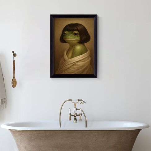 Funny Frog Portrait Framed Canvas Wall Art, Quirky Animal Picture Green Bathroom Poster, Whimsical Lady Frog Painting for Restroom Washroom, Humor Bathroom Wall Decor 8x10in in Kuwait