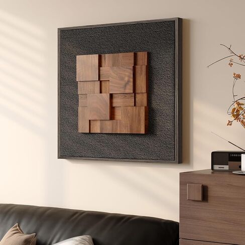 Framed 3D Textured Wood Wall Art, Modern Minimalist Black Painting Artwork for Walls, Vintage Geometric Natural Wooden Wall Art Decor for Living Room, Hallway, Dining Room, Bedroom, Office, 24x24 in Saudi Arabia