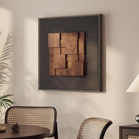 Framed 3D Textured Wood Wall Art, Modern Minimalist Black Painting Artwork for Walls, Vintage Geometric Natural Wooden Wall Art Decor for Living Room, Hallway, Dining Room, Bedroom, Office, 24x24 in Saudi Arabia