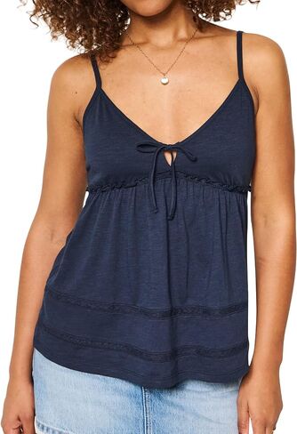 HOCANDY Womens Spaghetti Strap Babydoll Tank Top V Neck Tie Front Eyelet Top Ruffle Lace Trim Peplum Hem Cami Tops in Saudi Arabia