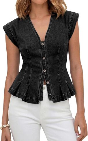 Women's Sleeveless Denim Vest Button Down Shirt V Neck Slim Fit Peplum Top Casual Western Denim Blouse for Summer in Saudi Arabia