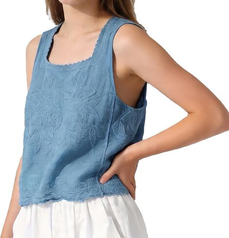 Women's Vintage White Cotton Linen Sleeveless Blouse, Embroidered Tank Top with Lace Trim, Bohemian Summer Casual Top in Saudi Arabia