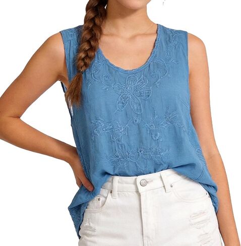 Women's Vintage White Cotton Linen Sleeveless Blouse, Embroidered Tank Top with Lace Trim, Bohemian Summer Casual Top in Saudi Arabia