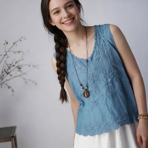 Women's Vintage White Cotton Linen Sleeveless Blouse, Embroidered Tank Top with Lace Trim, Bohemian Summer Casual Top in Saudi Arabia
