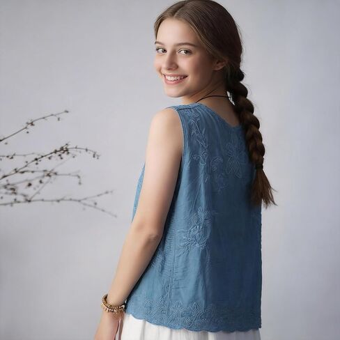 Women's Vintage White Cotton Linen Sleeveless Blouse, Embroidered Tank Top with Lace Trim, Bohemian Summer Casual Top in Saudi Arabia