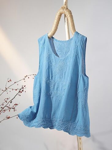 Women's Vintage White Cotton Linen Sleeveless Blouse, Embroidered Tank Top with Lace Trim, Bohemian Summer Casual Top in Saudi Arabia