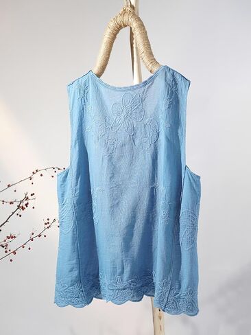 Women's Vintage White Cotton Linen Sleeveless Blouse, Embroidered Tank Top with Lace Trim, Bohemian Summer Casual Top in Saudi Arabia