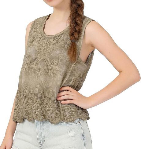 Women's Vintage White Cotton Linen Sleeveless Blouse, Embroidered Tank Top with Lace Trim, Bohemian Summer Casual Top in Saudi Arabia