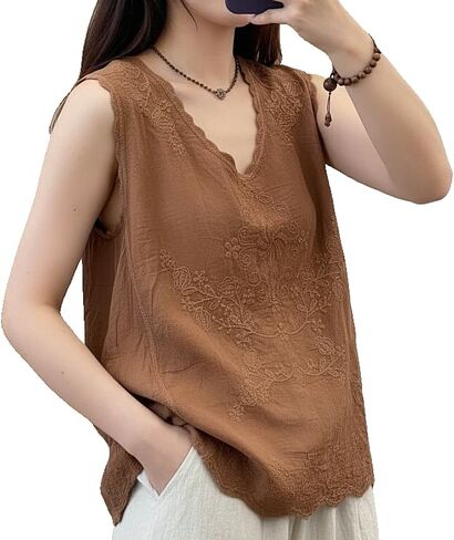 Women's Vintage White Cotton Linen Sleeveless Blouse, Embroidered Tank Top with Lace Trim, Bohemian Summer Casual Top in Saudi Arabia