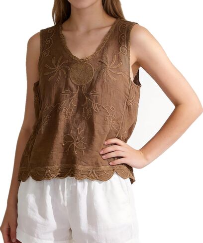 Women's Vintage White Cotton Linen Sleeveless Blouse, Embroidered Tank Top with Lace Trim, Bohemian Summer Casual Top in Saudi Arabia