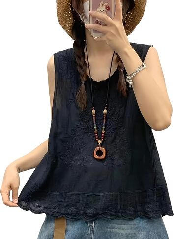 Women's Vintage White Cotton Linen Sleeveless Blouse, Embroidered Tank Top with Lace Trim, Bohemian Summer Casual Top in Saudi Arabia