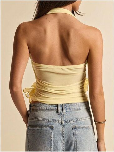 Verdusa Women's 3D Flower Mesh Sheer Halter Tops Ruched Fitted Crop Tops Birthday Outfits in Kuwait