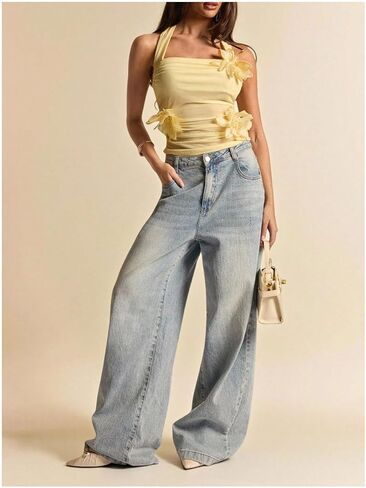 Verdusa Women's 3D Flower Mesh Sheer Halter Tops Ruched Fitted Crop Tops Birthday Outfits in Kuwait