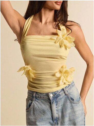 Verdusa Women's 3D Flower Mesh Sheer Halter Tops Ruched Fitted Crop Tops Birthday Outfits in Kuwait