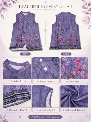 2026 Womens Vintage Floral Sleeveless Blouse Casual Ethnic Print Tank Top Summer Button Down Boho Tunic Shirt in Kuwait