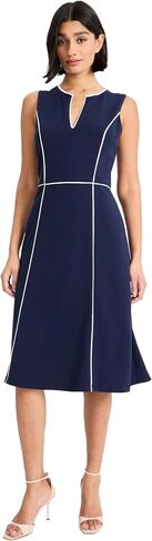 Maggy London - Elegant Navy Sleeveless V-Neck Fit & Flare Midi Dress with Contrast Piping for Wedding Guest & Office - 12 in Kuwait