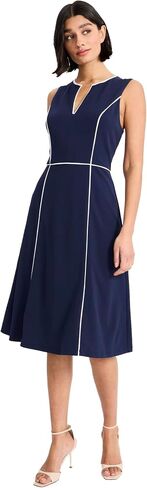 Maggy London - Elegant Navy Sleeveless V-Neck Fit & Flare Midi Dress with Contrast Piping for Wedding Guest & Office - 12 in Kuwait