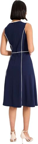 Maggy London - Elegant Navy Sleeveless V-Neck Fit & Flare Midi Dress with Contrast Piping for Wedding Guest & Office - 12 in Kuwait