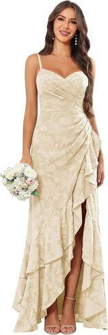 Women’s Spaghetti Straps Floral Bridesmaid Dresses Tiered Ruffles Jacquard Chiffon Formal Dress with Slit in Saudi Arabia