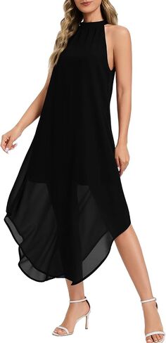 Women's Halter Wedding Guest Dress 2026 Flowy Chiffon Sleeveless Maxi with Asymmetrical Hem for Summer Formal Events in Saudi Arabia