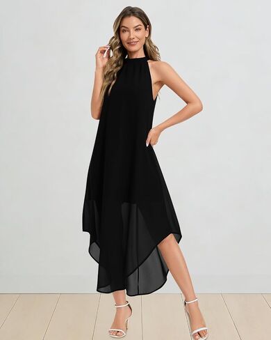 Women's Halter Wedding Guest Dress 2026 Flowy Chiffon Sleeveless Maxi with Asymmetrical Hem for Summer Formal Events in Saudi Arabia