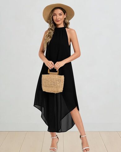 Women's Halter Wedding Guest Dress 2026 Flowy Chiffon Sleeveless Maxi with Asymmetrical Hem for Summer Formal Events in Saudi Arabia
