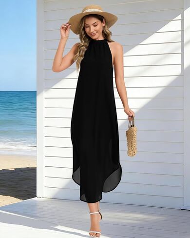 Women's Halter Wedding Guest Dress 2026 Flowy Chiffon Sleeveless Maxi with Asymmetrical Hem for Summer Formal Events in Saudi Arabia