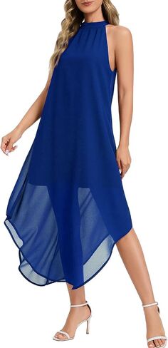 Women's Halter Wedding Guest Dress 2026 Flowy Chiffon Sleeveless Maxi with Asymmetrical Hem for Summer Formal Events in Saudi Arabia