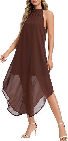 Women's Halter Wedding Guest Dress 2026 Flowy Chiffon Sleeveless Maxi with Asymmetrical Hem for Summer Formal Events in Saudi Arabia