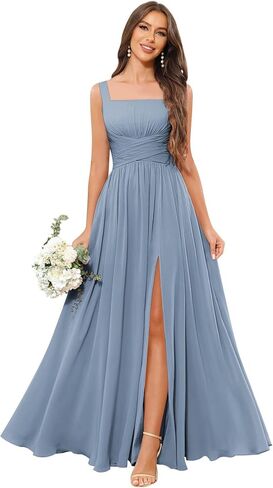 A-Line Chiffon Bridesmaid Dresses for Women Square Neck Long Formal Dress with Slit in Kuwait