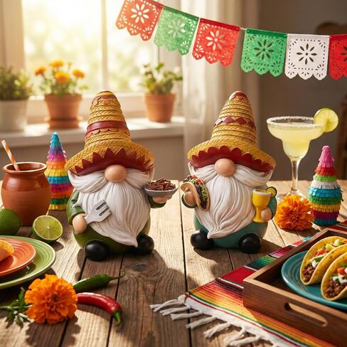 Valery Madelyn Cinco de Mayo Gnomes Decoration, 2Pcs Mexican Fiesta Gnome Figurine Set with Sombrero, Taco & Churros, Resin Tabletop Decor for Tiered Tray, Cinco de Mayo Party Decor & Gift, 6inch in Kuwait
