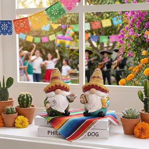 Valery Madelyn Cinco de Mayo Gnomes Decoration, 2Pcs Mexican Fiesta Gnome Figurine Set with Sombrero, Taco & Churros, Resin Tabletop Decor for Tiered Tray, Cinco de Mayo Party Decor & Gift, 6inch in Kuwait