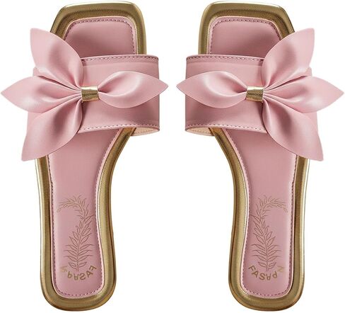OYOANGLE Women's Bow Sandals Square Open Toe Dressy Slip On Flats PU Leather Slide Shoes in Kuwait