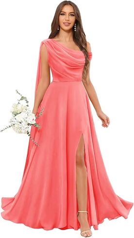 One Shoulder Bridesmaid Dresses for Women A Line Ruched Long Chiffon Formal Evening Dress with Slit in Saudi Arabia
