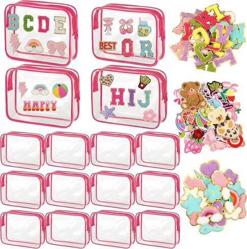 Meanplan 12 حزمة DIY أكياس ماكياج واضحة التسامي هدايا حفلة الشاي للنساء مع 119pcs الرقع المطرزة الإبداعية الحرفية أكياس ماكياج واضحة DIY لعيد ميلاد حزب العازبة الحرفية in Kuwait