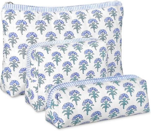 Meanplan 3 Pcs Blue Block Print Quilted Makeup Bag for Women Last Toast on The Coast Quilted Cosmetic Bag Bachelorette Favors Cornflower Coquette Floral Toiletry Pouch Travel Organizer in Kuwait
