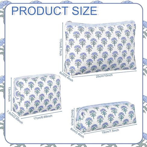Meanplan 3 Pcs Blue Block Print Quilted Makeup Bag for Women Last Toast on The Coast Quilted Cosmetic Bag Bachelorette Favors Cornflower Coquette Floral Toiletry Pouch Travel Organizer in Kuwait