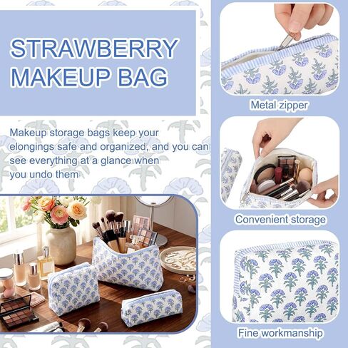 Meanplan 3 Pcs Blue Block Print Quilted Makeup Bag for Women Last Toast on The Coast Quilted Cosmetic Bag Bachelorette Favors Cornflower Coquette Floral Toiletry Pouch Travel Organizer in Kuwait
