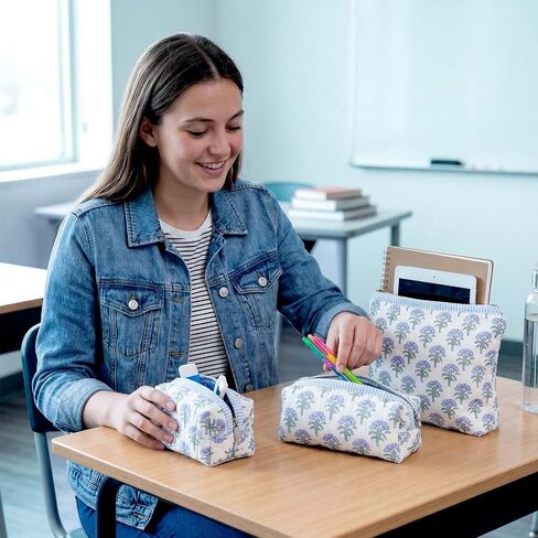 Meanplan 3 Pcs Blue Block Print Quilted Makeup Bag for Women Last Toast on The Coast Quilted Cosmetic Bag Bachelorette Favors Cornflower Coquette Floral Toiletry Pouch Travel Organizer in Kuwait