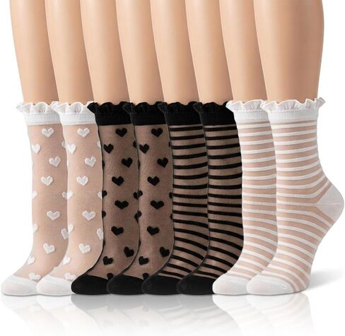 4 Pairs See Through Socks, Black & White Sheer Ruffle Socks for Women Quarter Sock with Lace Trim, See Through Ankle Length for Summer in Saudi Arabia