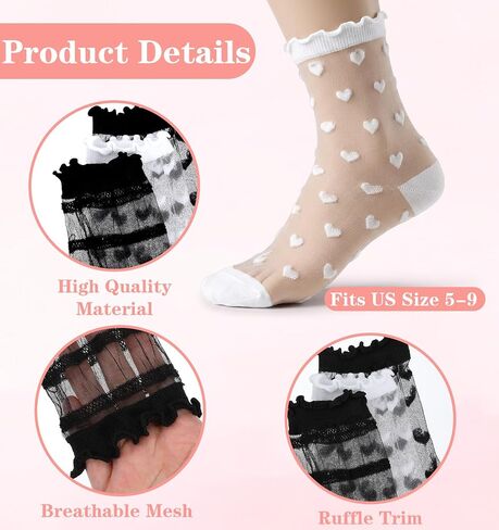 4 Pairs See Through Socks, Black & White Sheer Ruffle Socks for Women Quarter Sock with Lace Trim, See Through Ankle Length for Summer in Saudi Arabia