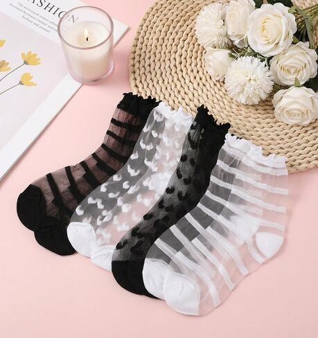 4 Pairs See Through Socks, Black & White Sheer Ruffle Socks for Women Quarter Sock with Lace Trim, See Through Ankle Length for Summer in Saudi Arabia