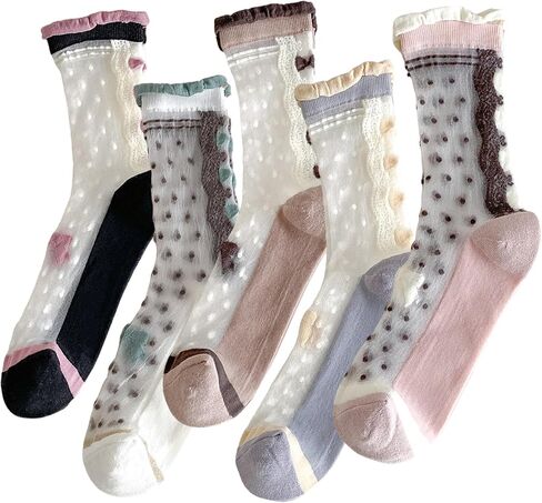 Women's Sheer Crystal Glass Socks, Transparent Polka Dot Ruffle Frilly Crew Socks for Summer - 5 Pairs in Kuwait